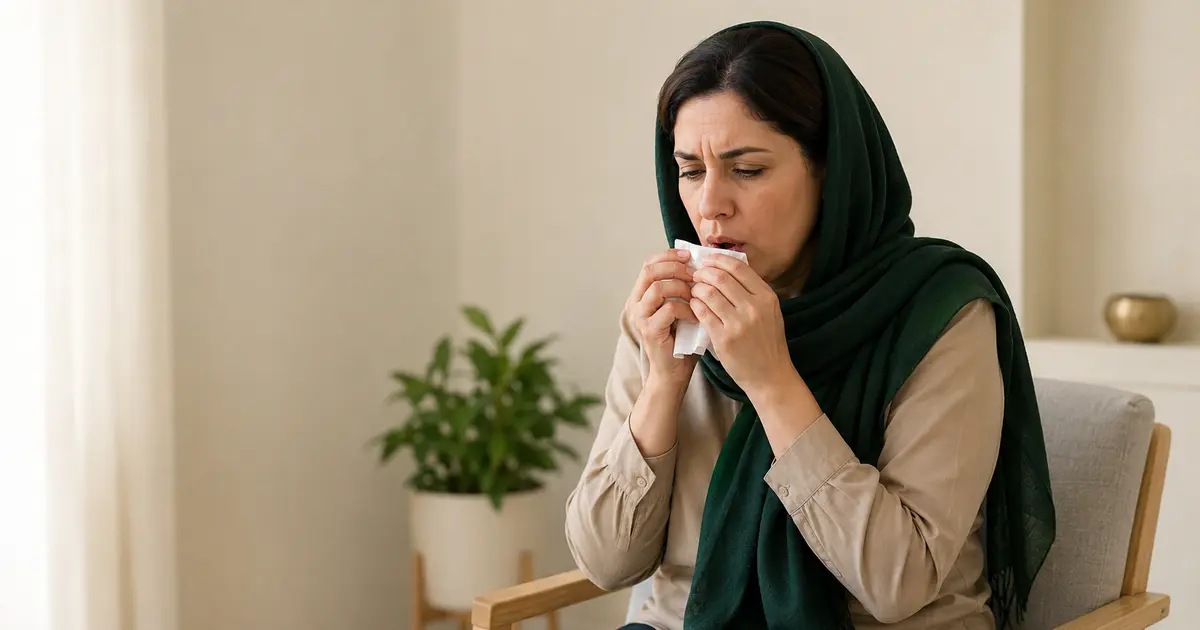 خانمی مبتلا به سرفه مزمن و در حال سرفه داخل دستمال