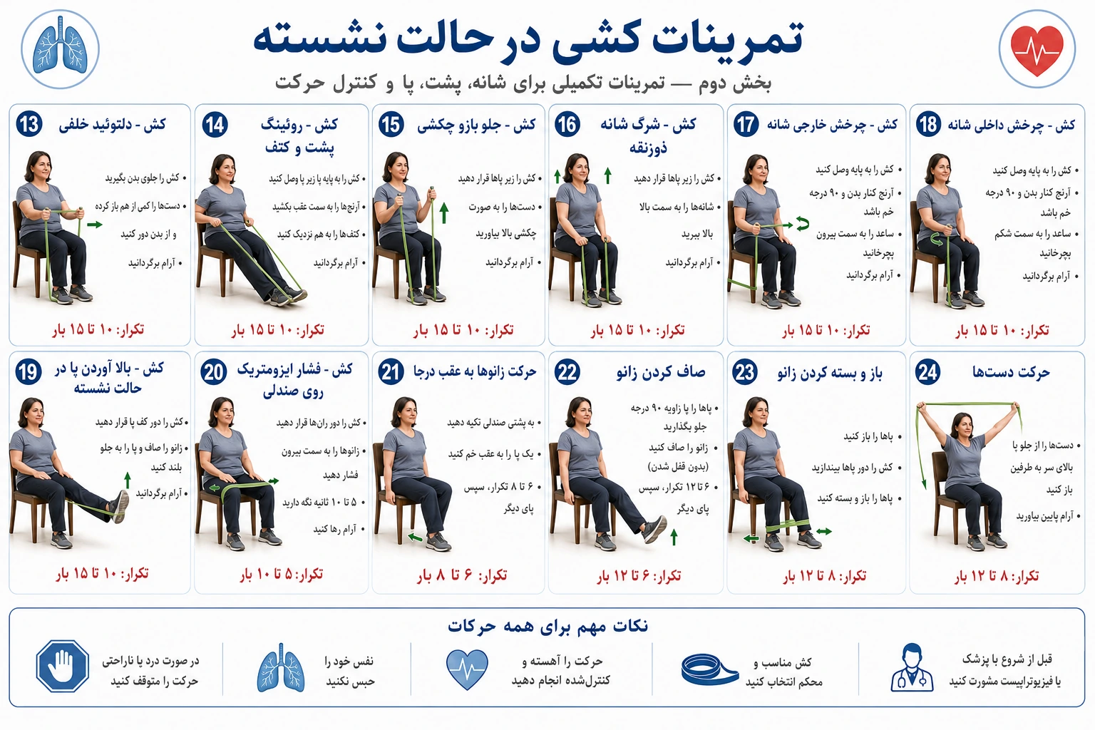 تمرینات تکمیلی با کش برای شانه، پشت، پا و عضلات اندام فوقانی