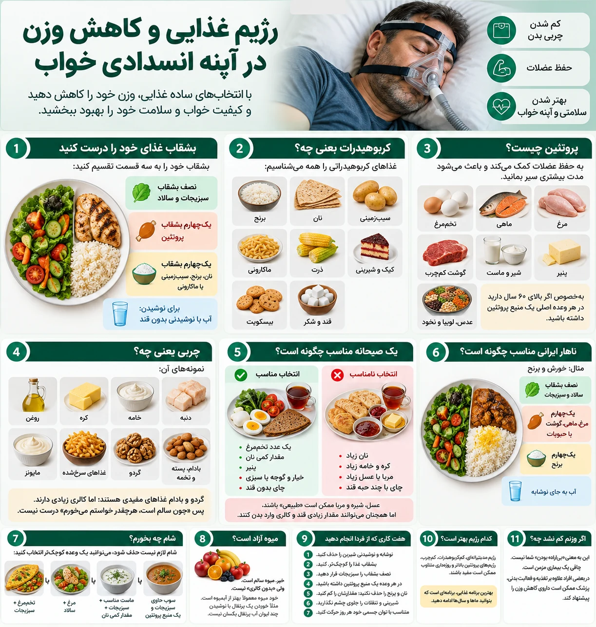 اینفوگرافیک رژیم غذایی برای کاهش وزن در آپنه خواب شامل بشقاب سالم، پروتئین، کربوهیدرات و وعدههای غذایی